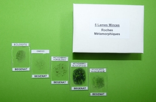 Collection de 5 lames minces de roches métamorphiques